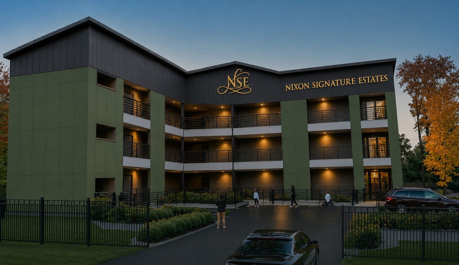 Evening rendering of Nixon Signature Estates, a three-story living community with the NSE sign lit on the facade